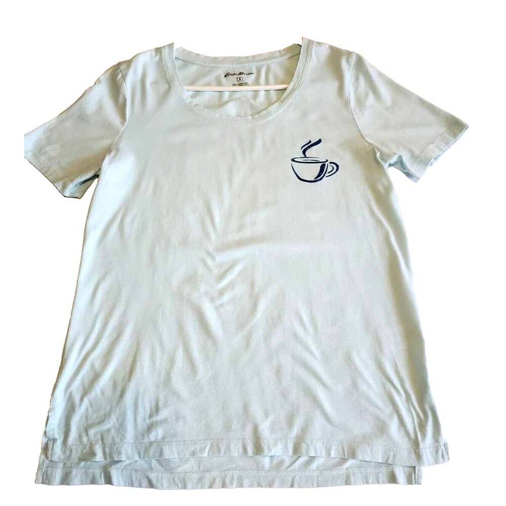 Eddie Bauer Small T-Shirt Coffee Girls Light Blue Short Sleeve Casual Pullover